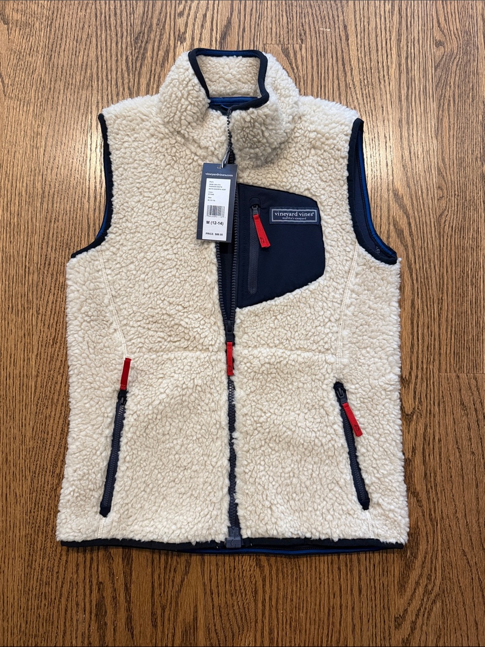 Kids Vineyard Vines Kids Cream Sherpa Vest with Navy Trim